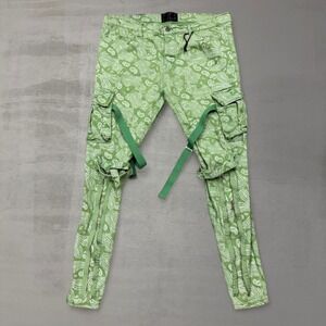 Valabasas Cargo Jeans Pants Green Paisley Straps Zippers Size 38